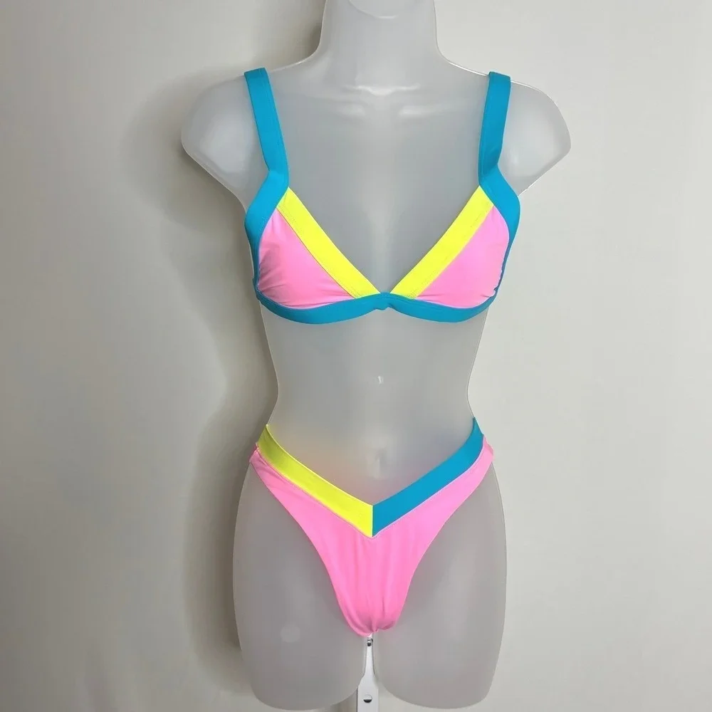 ONEONE‎ | Women Neon Colorblock Bikini Set Pink Blue Yellow | Size S